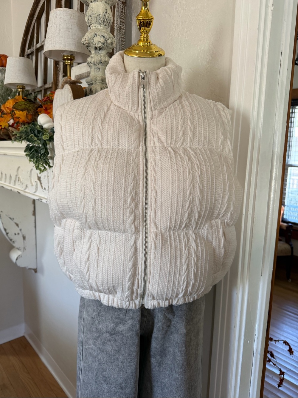 SHEIN Ivory Quilted Cable-Knit Puffer Vest